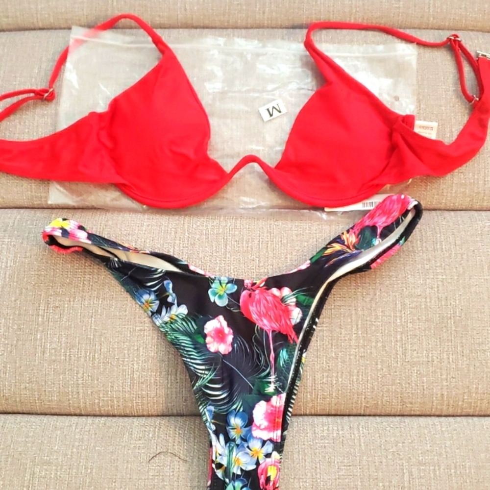 Bikini, red top, and red flowers with dark bottom. Size M. New!